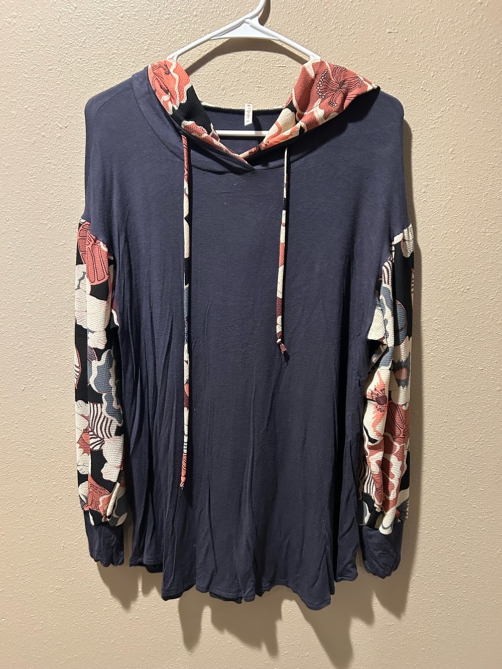 Women's Smokey Grey Hoodie Top‎ with Floral Print Sleeves